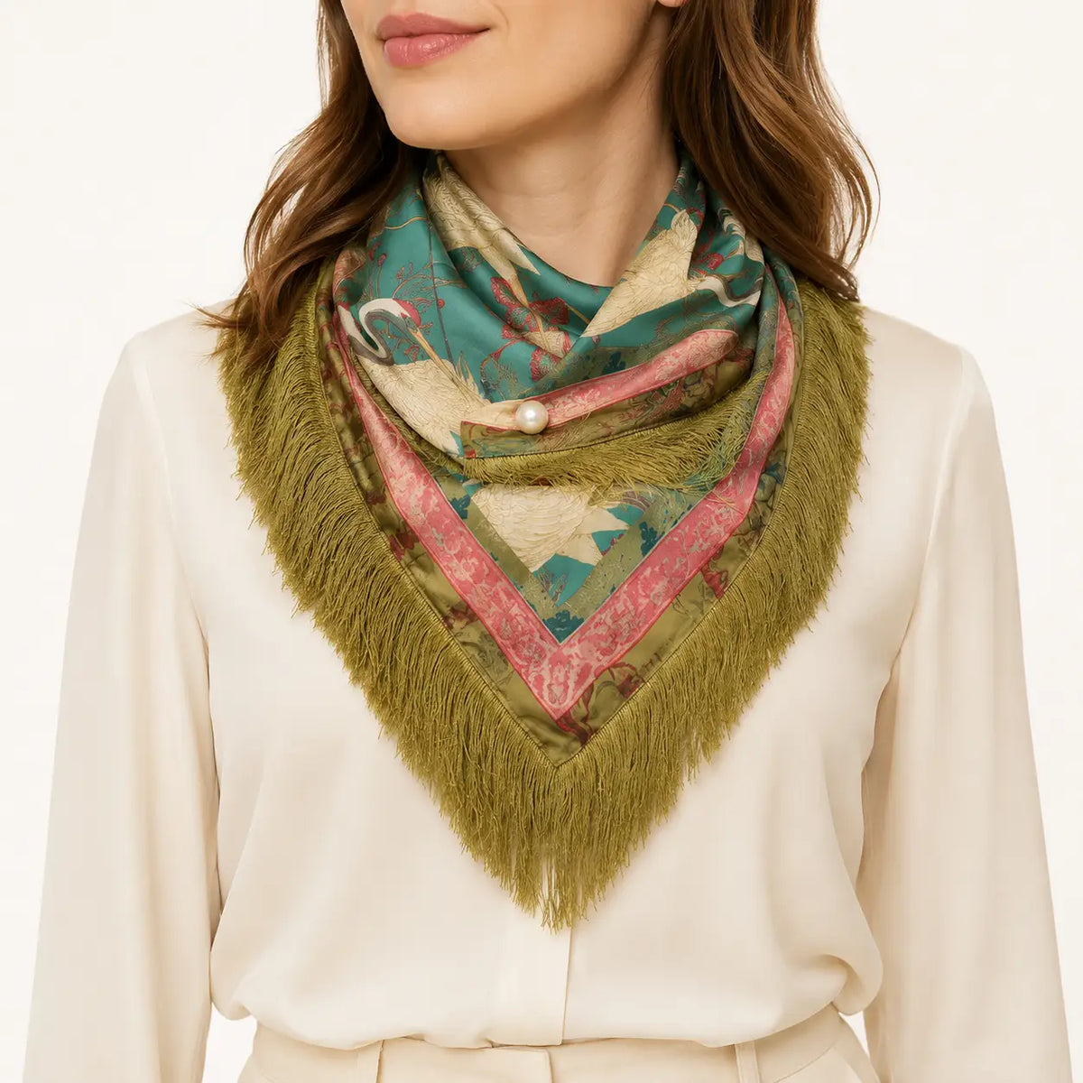 Golden Crane Fringe Scarf