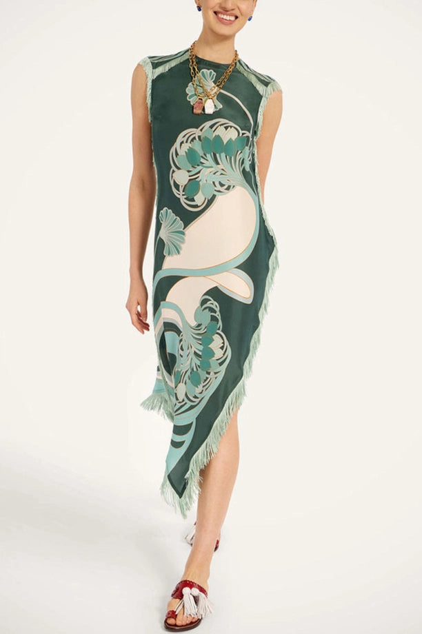 Fringe Trim Floral Shift Dress-Jade