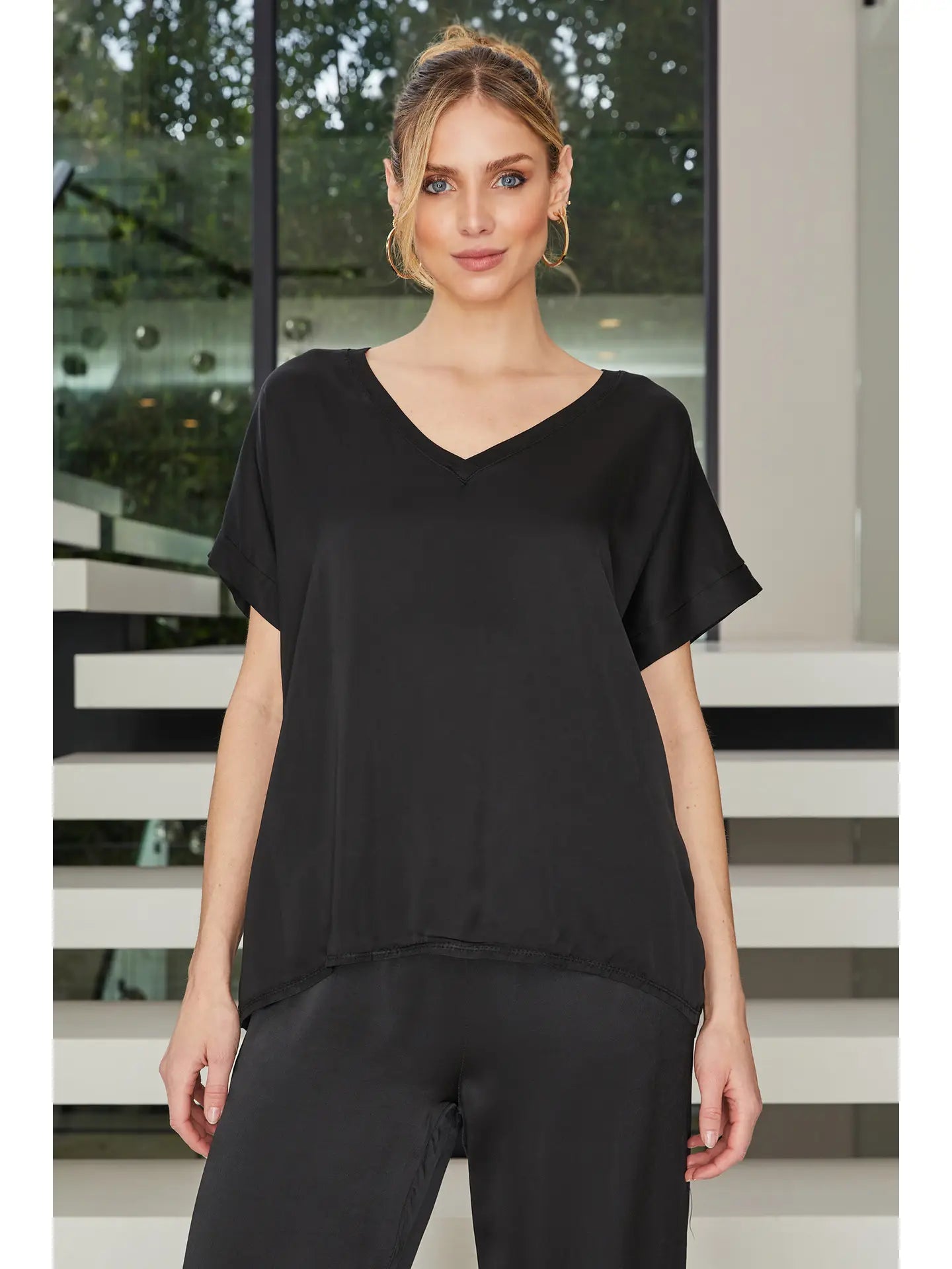 Black Viscose V Neck Top