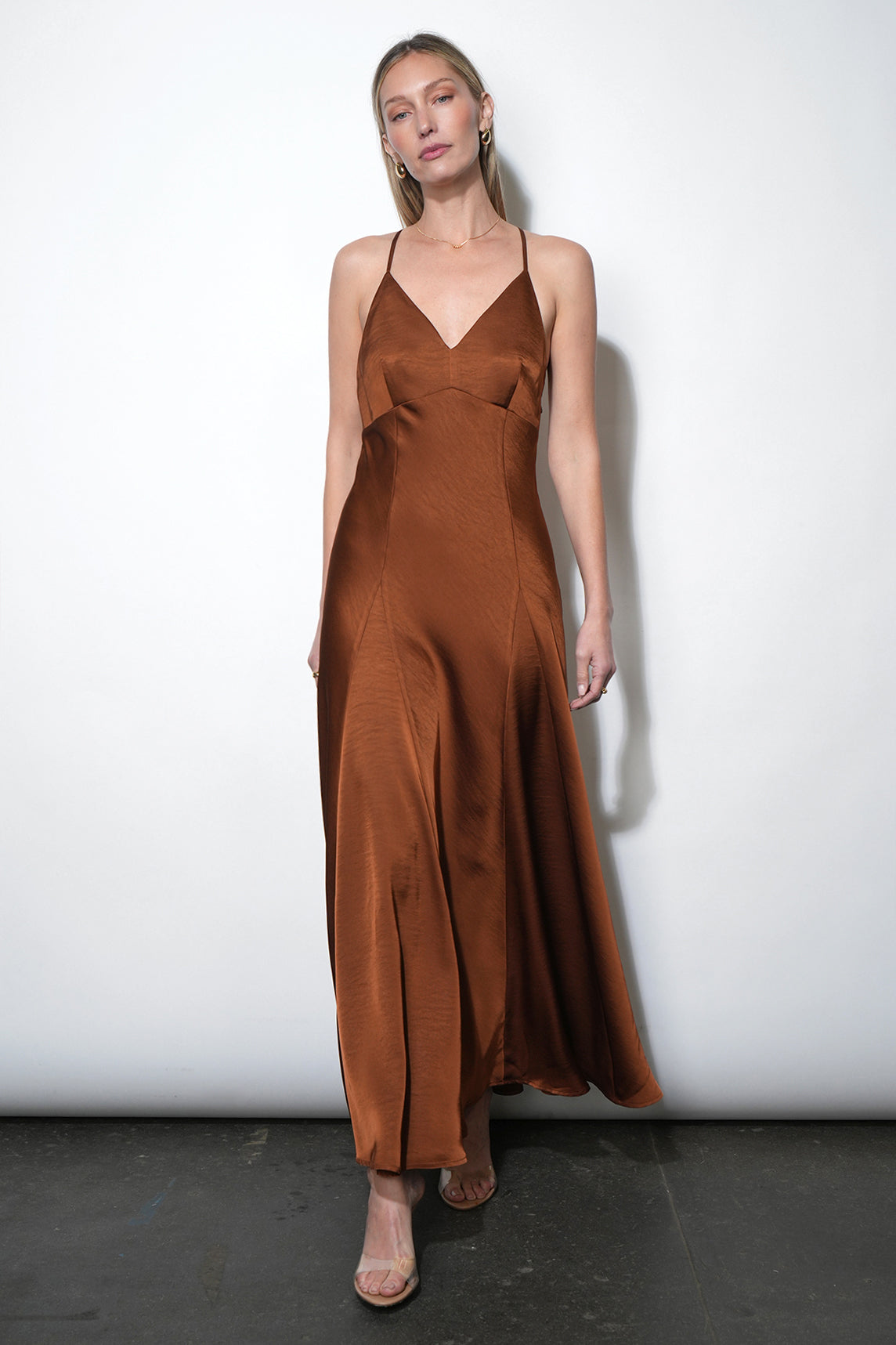 Etta Satin Cross Back Maxi Dress-Camel
