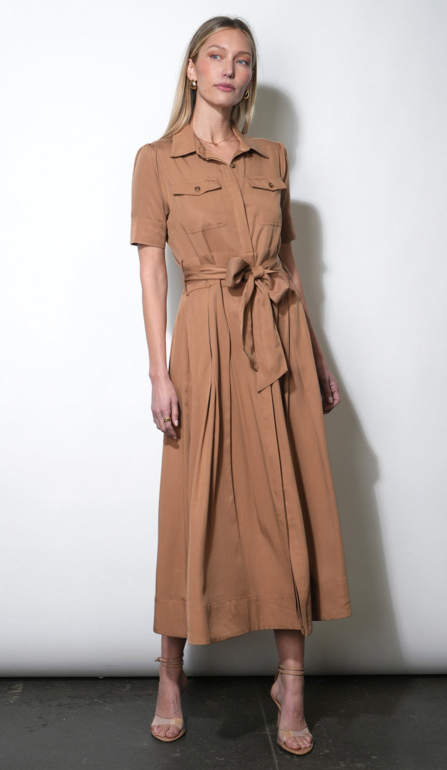 Fable Pleated Pocket Shirt Maxi Dress-CAMEL