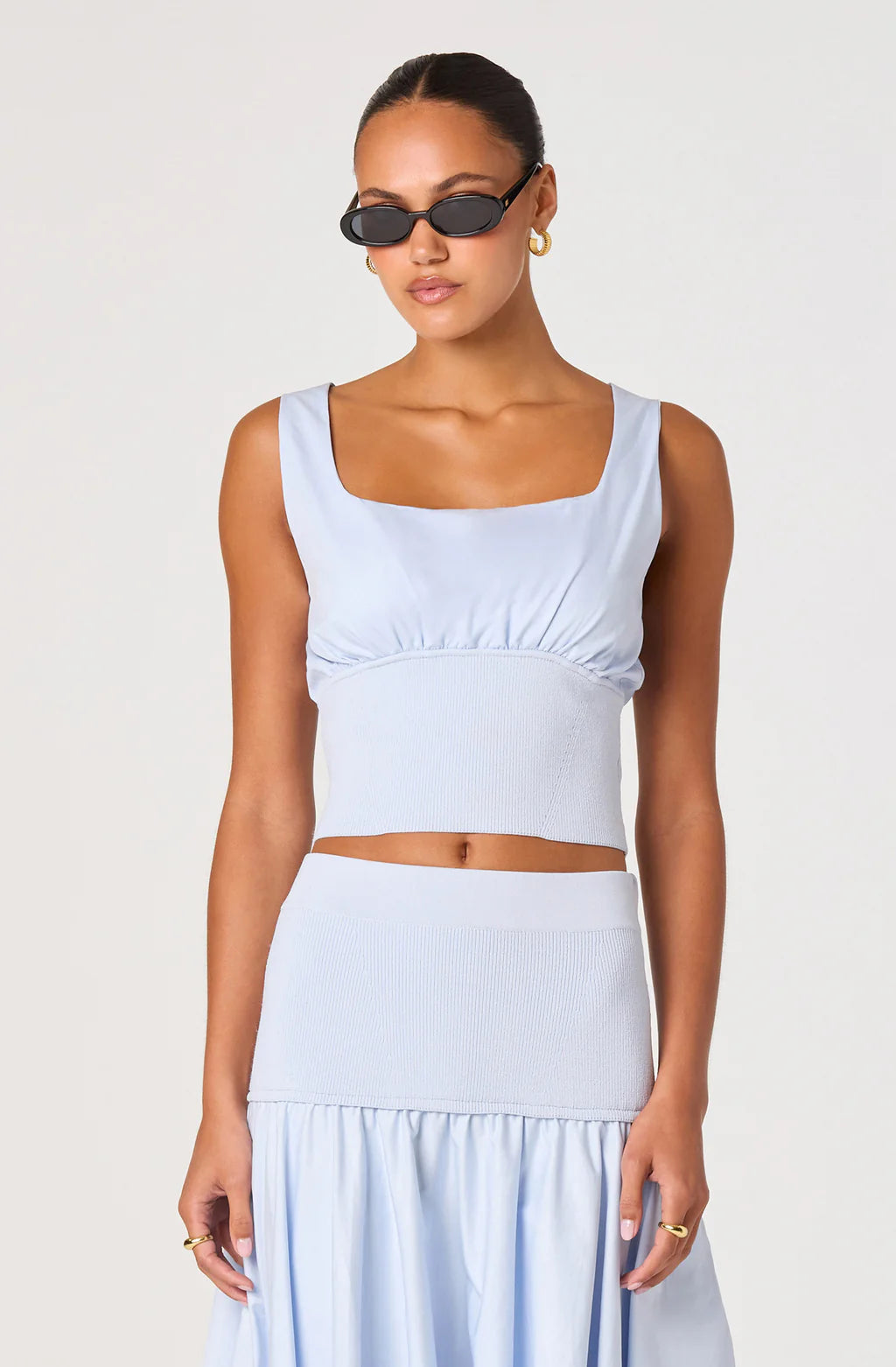 Thesan Mixed Media Gathered Top-Sky Blue