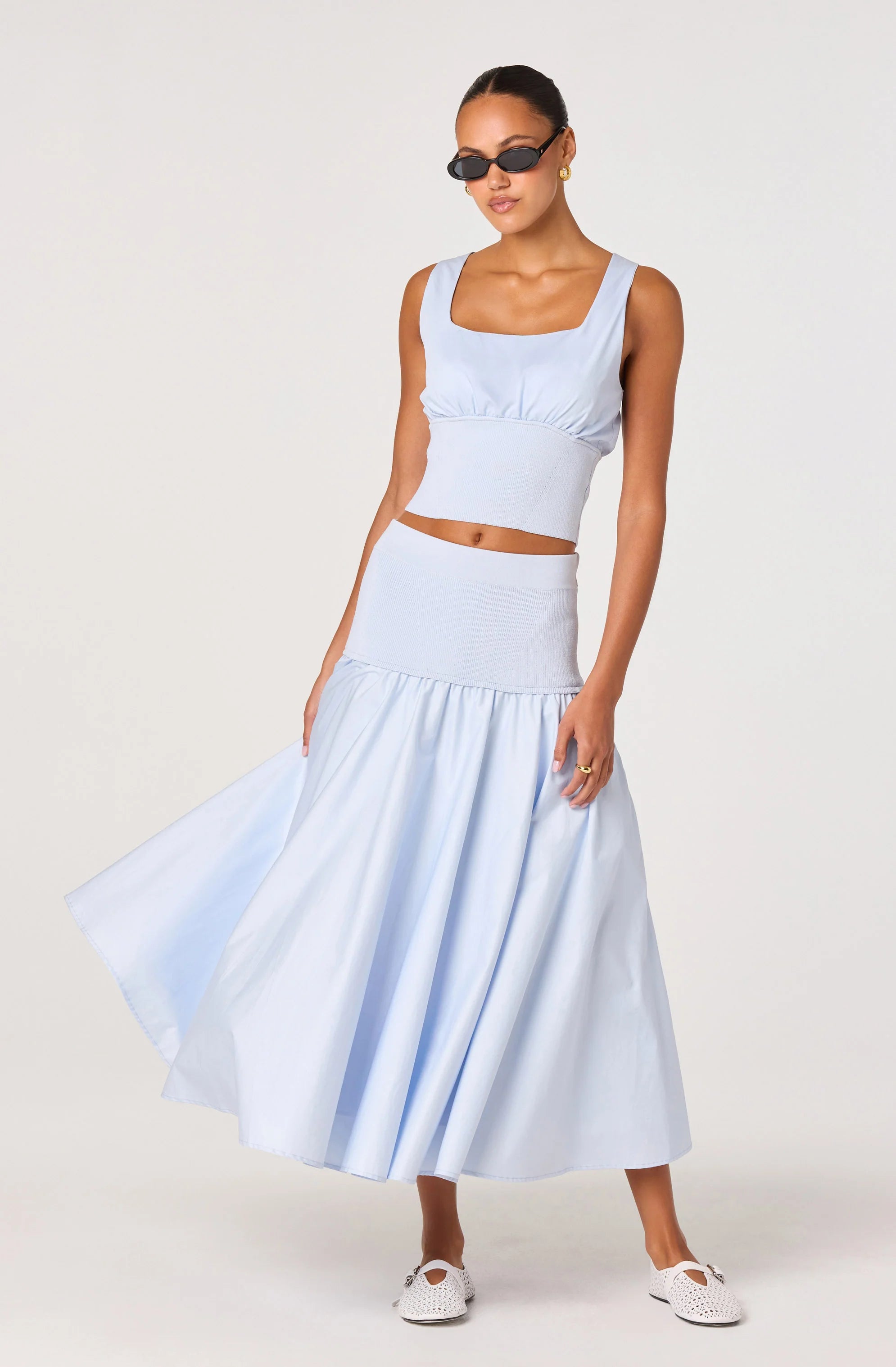 Thesan Mixed Media Gathered Top-Sky Blue