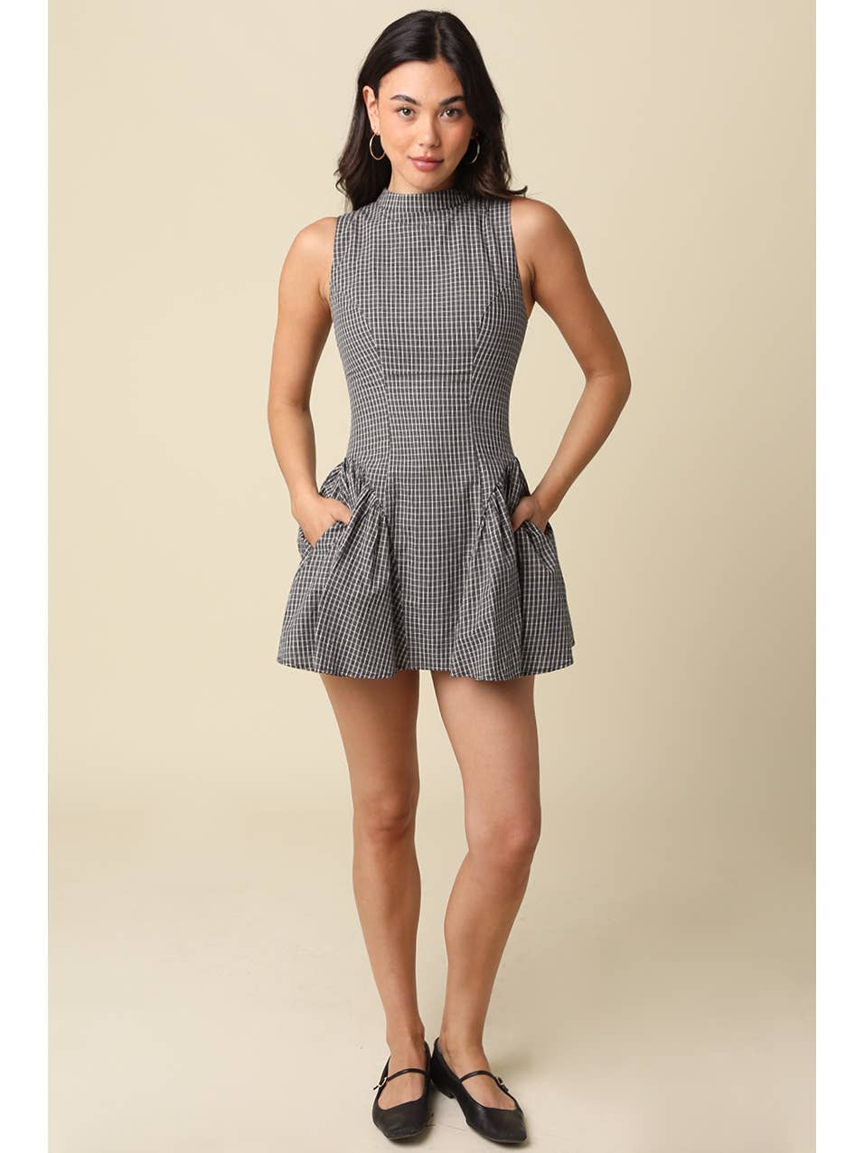 Simone Gingham Pleated Mini Dress - Black