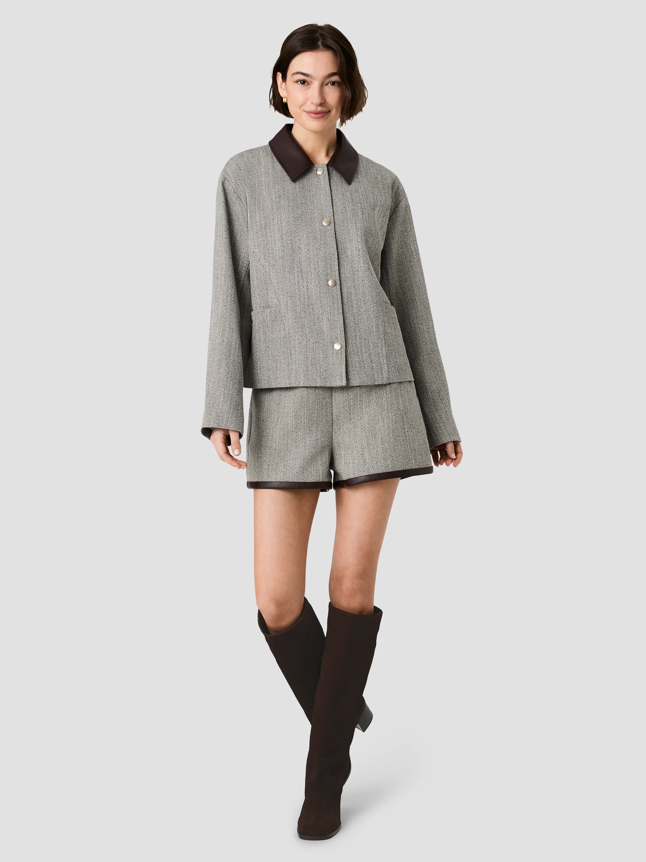 Speckled Herringbone Suiting Faux Leather Trimmed Shorts