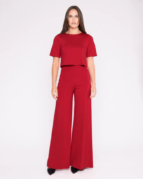 Ponte Knit Wide Leg Pant-Red