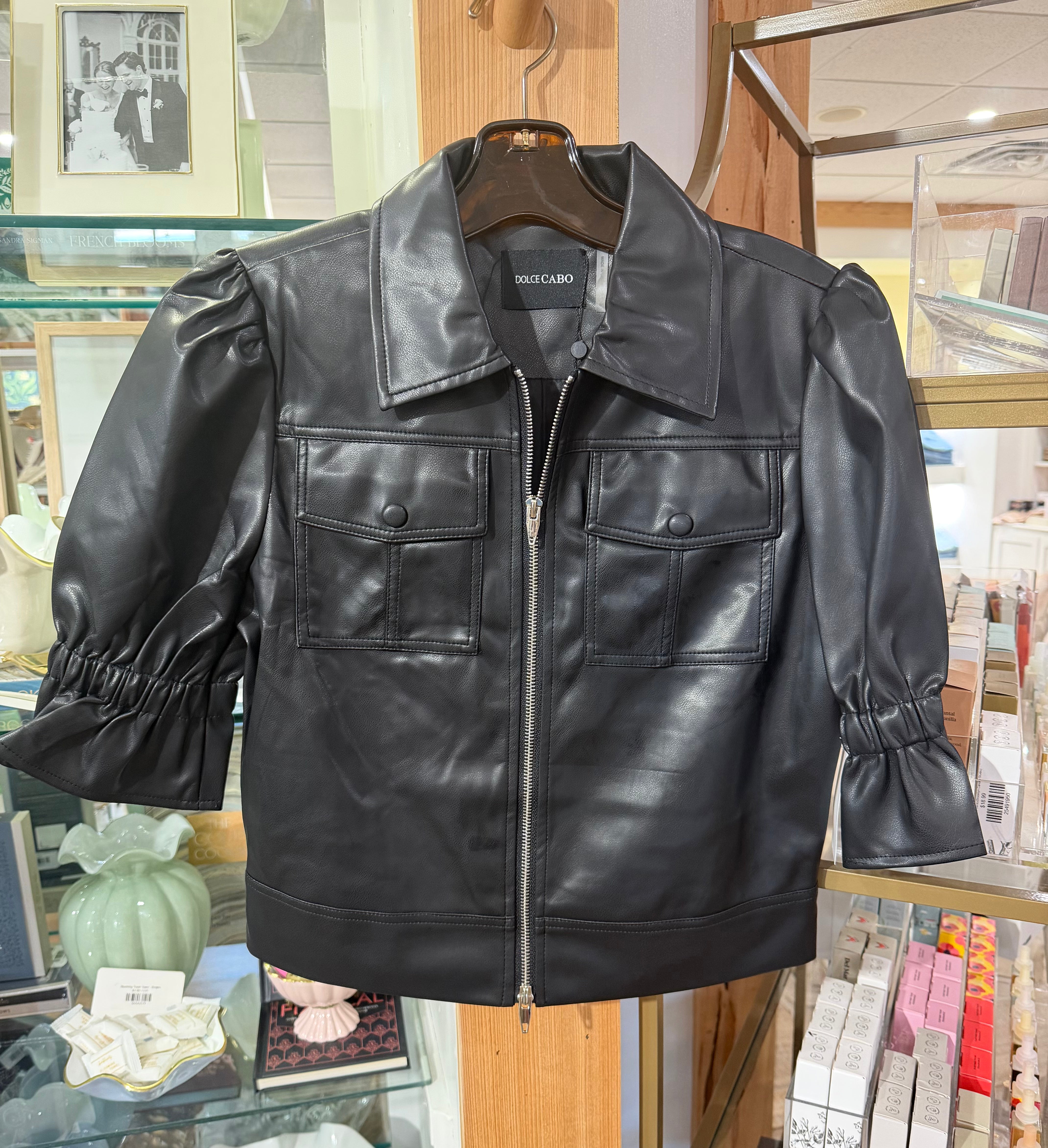 Black Vegan Leather Ruffle Jacket