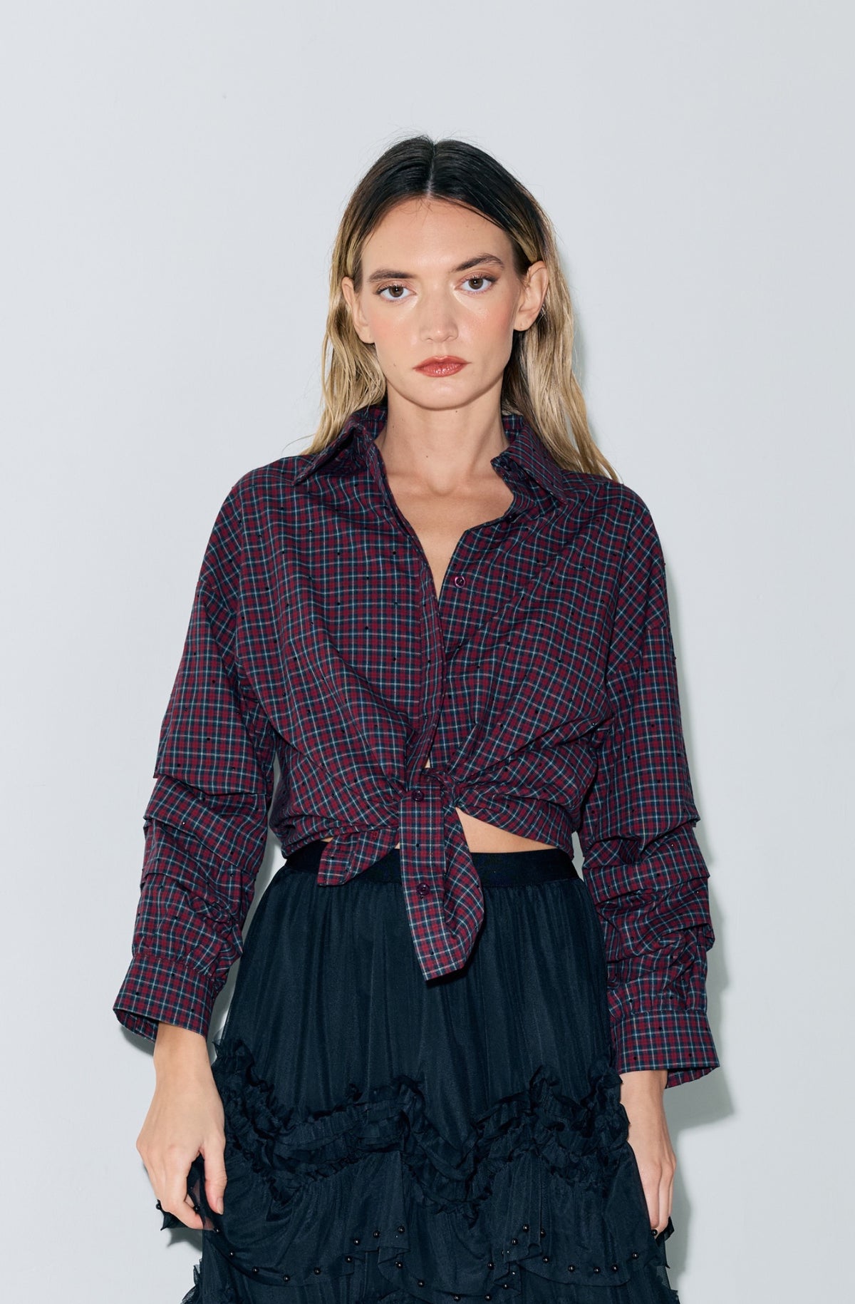 Galli Embellished Plaid Shirt-Multi Red