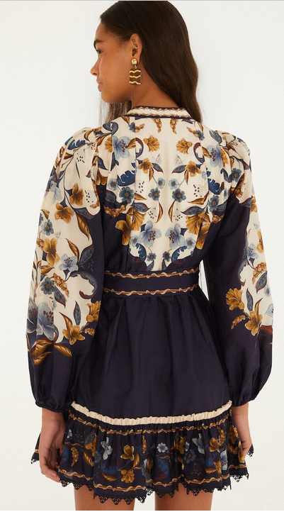 Golden Nature Belted LS Mini Dress-Navy