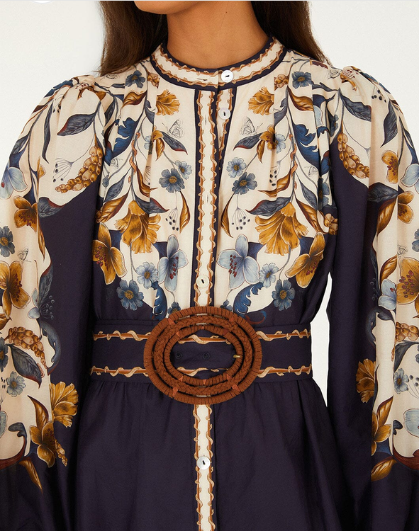 Golden Nature Belted LS Mini Dress-Navy