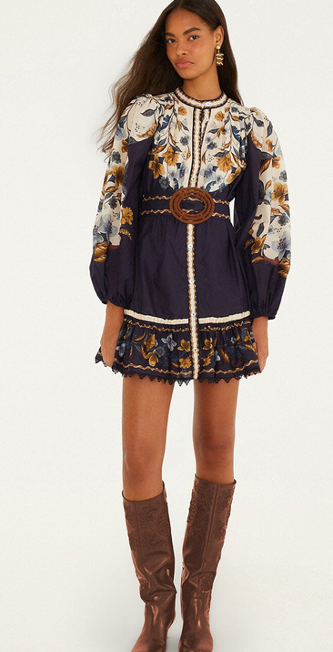 Golden Nature Belted LS Mini Dress-Navy