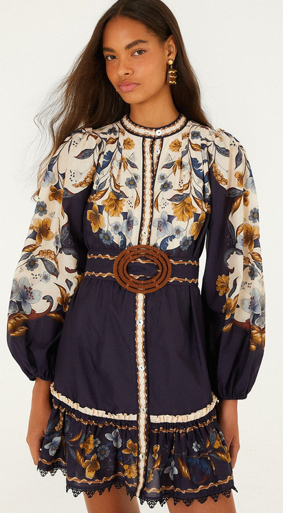Golden Nature Belted LS Mini Dress-Navy