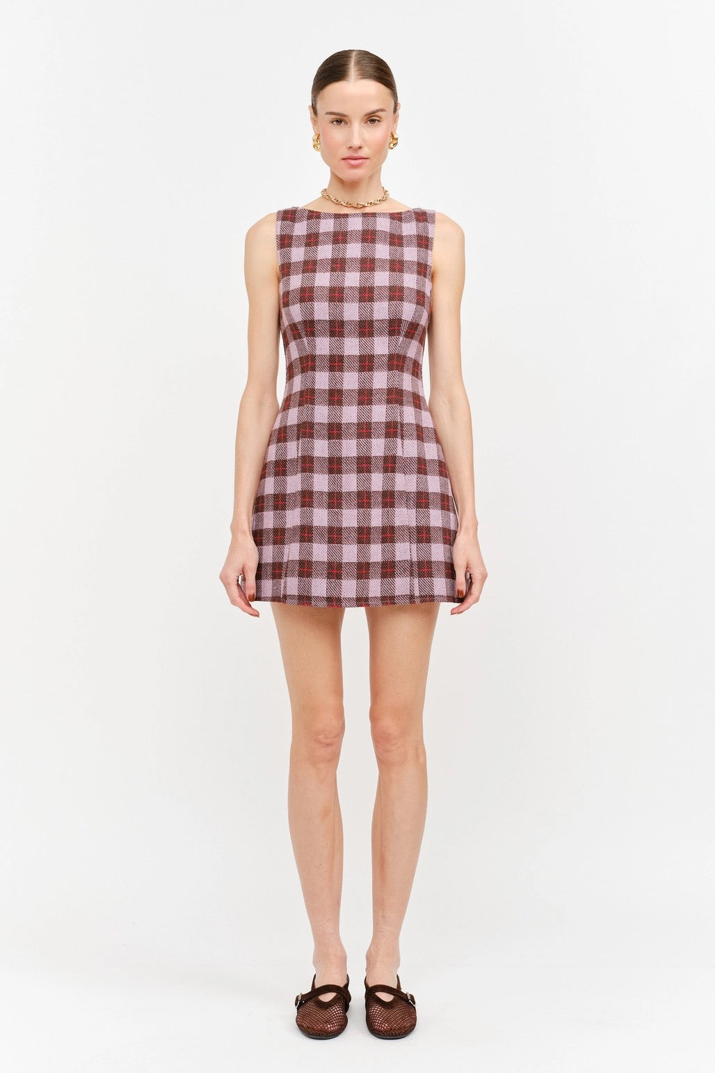 Victoria Boat Neck Dress - Mauve Plaid