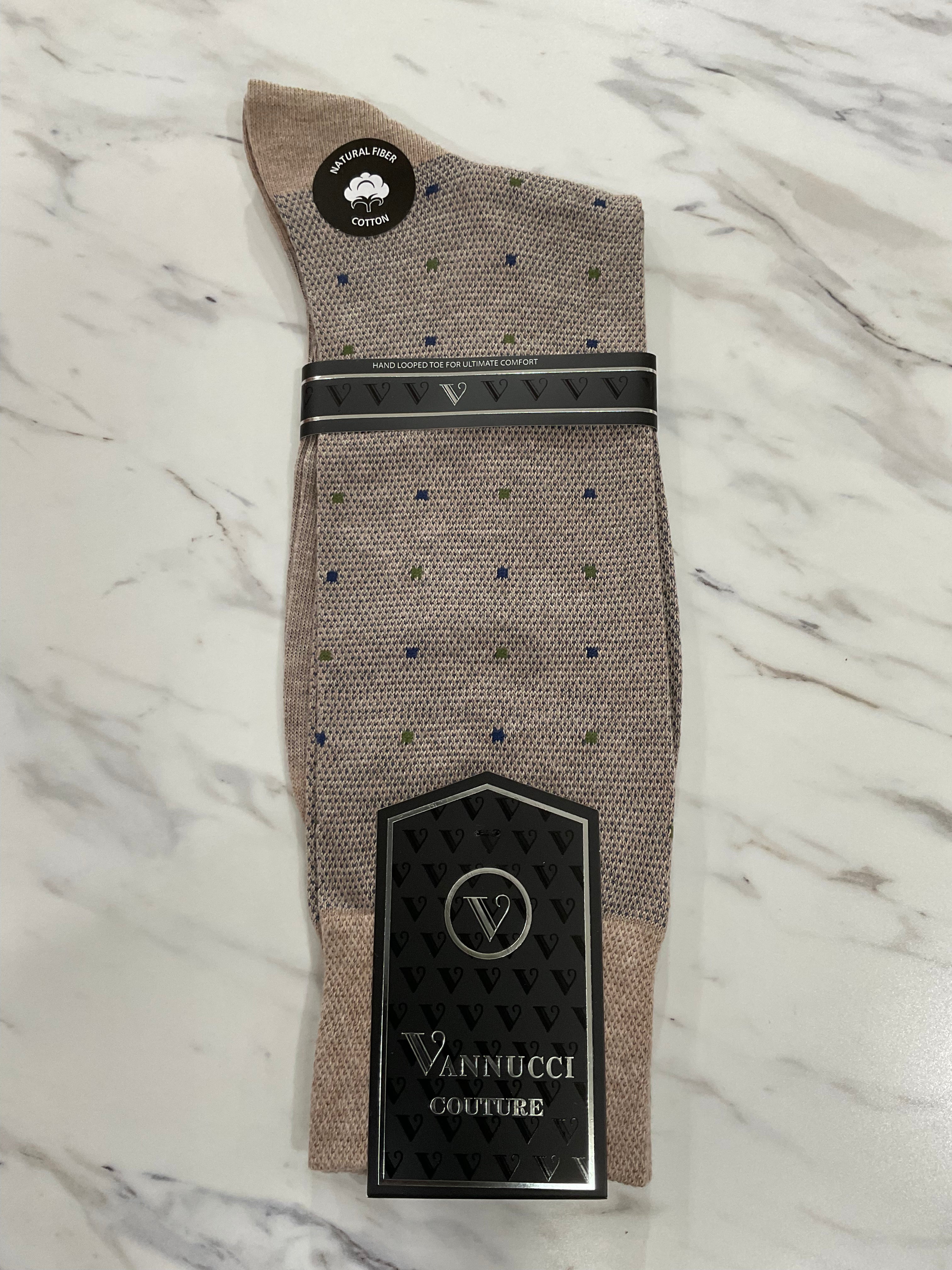 Vannucci Cotton Socks - Khaki Square Dots