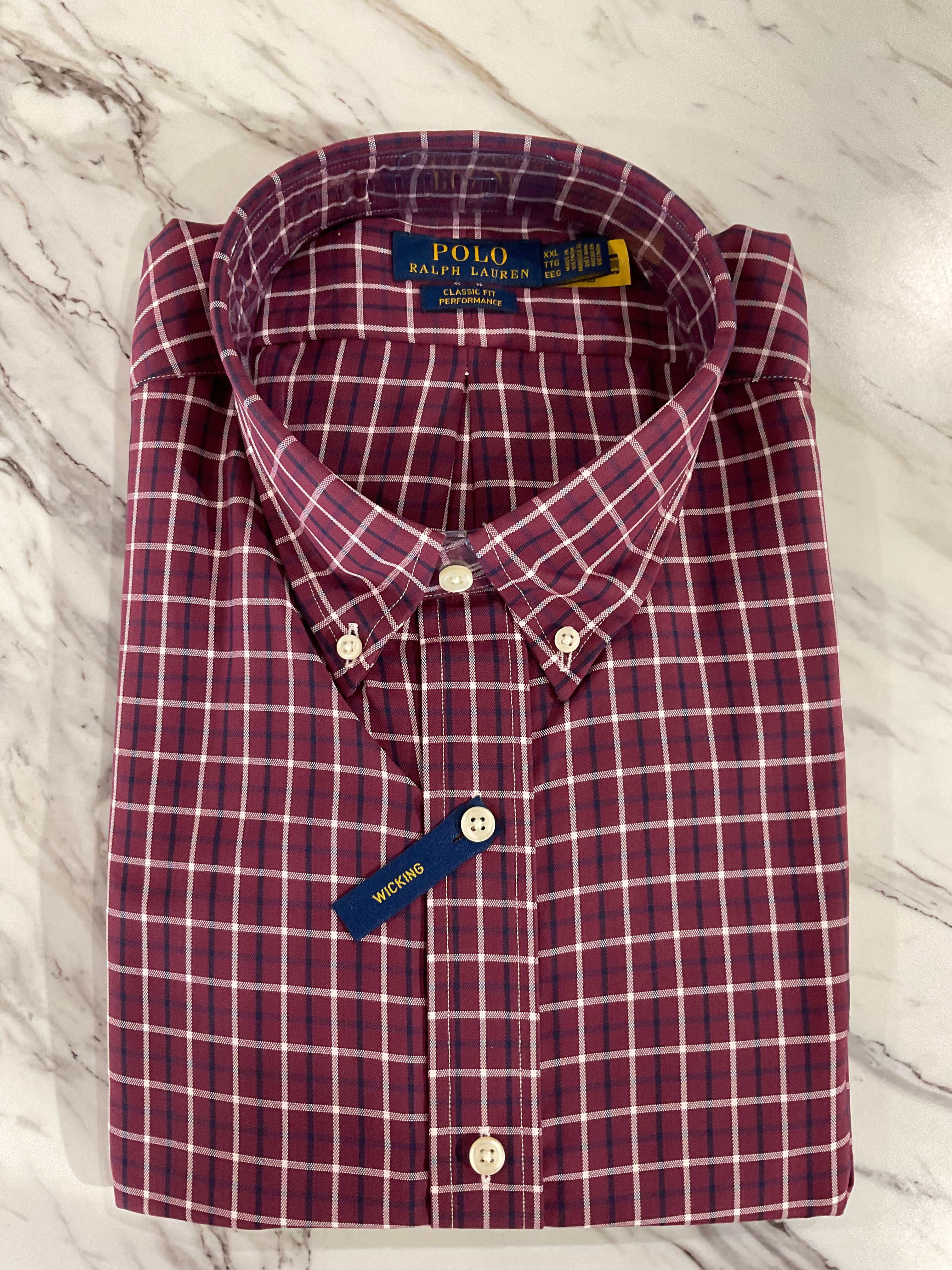 Long Sleeve Performance Oxford - Wine/Navy Multi