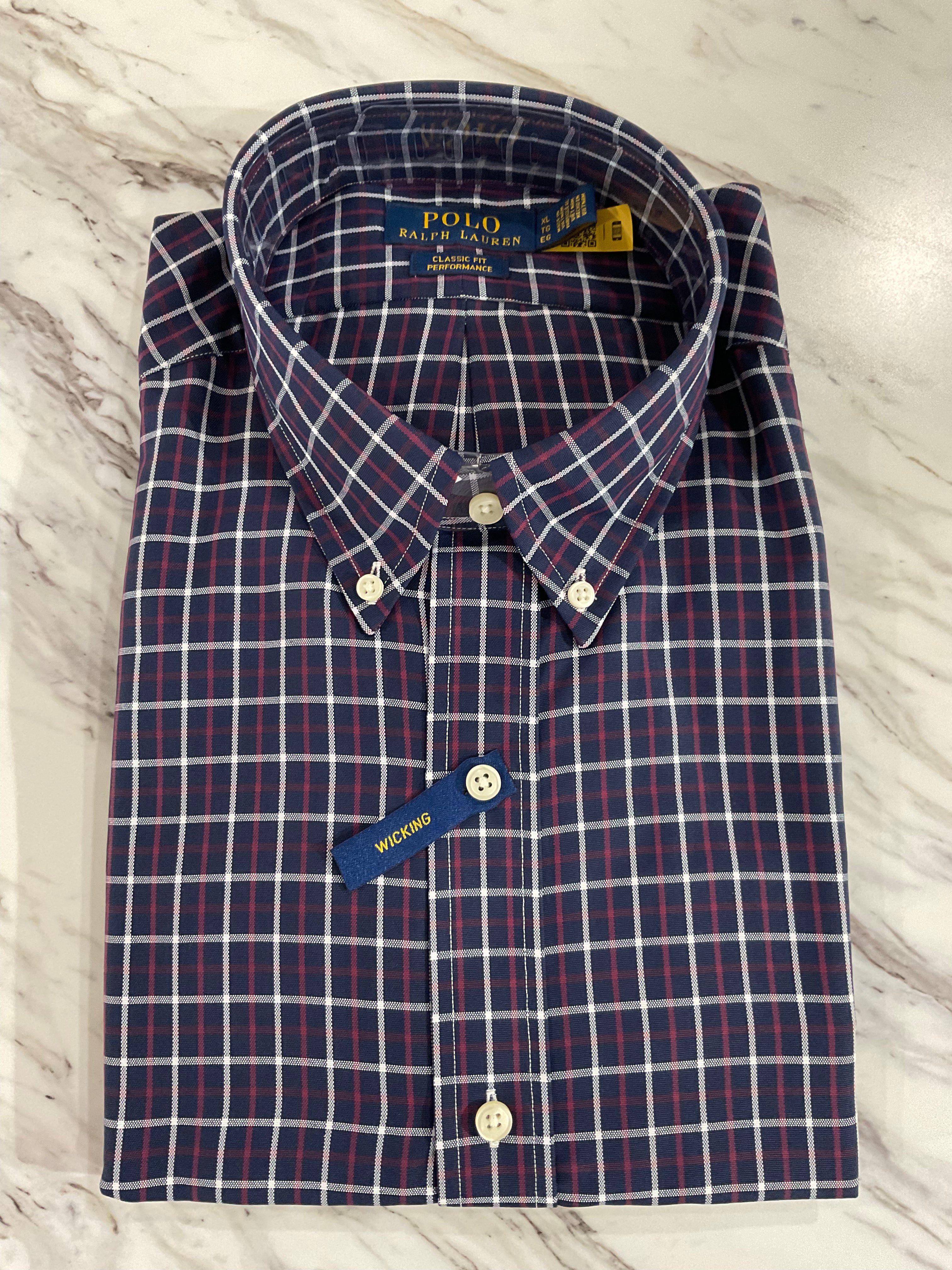 Long Sleeve Performance Oxford - Navy/Wine Multi