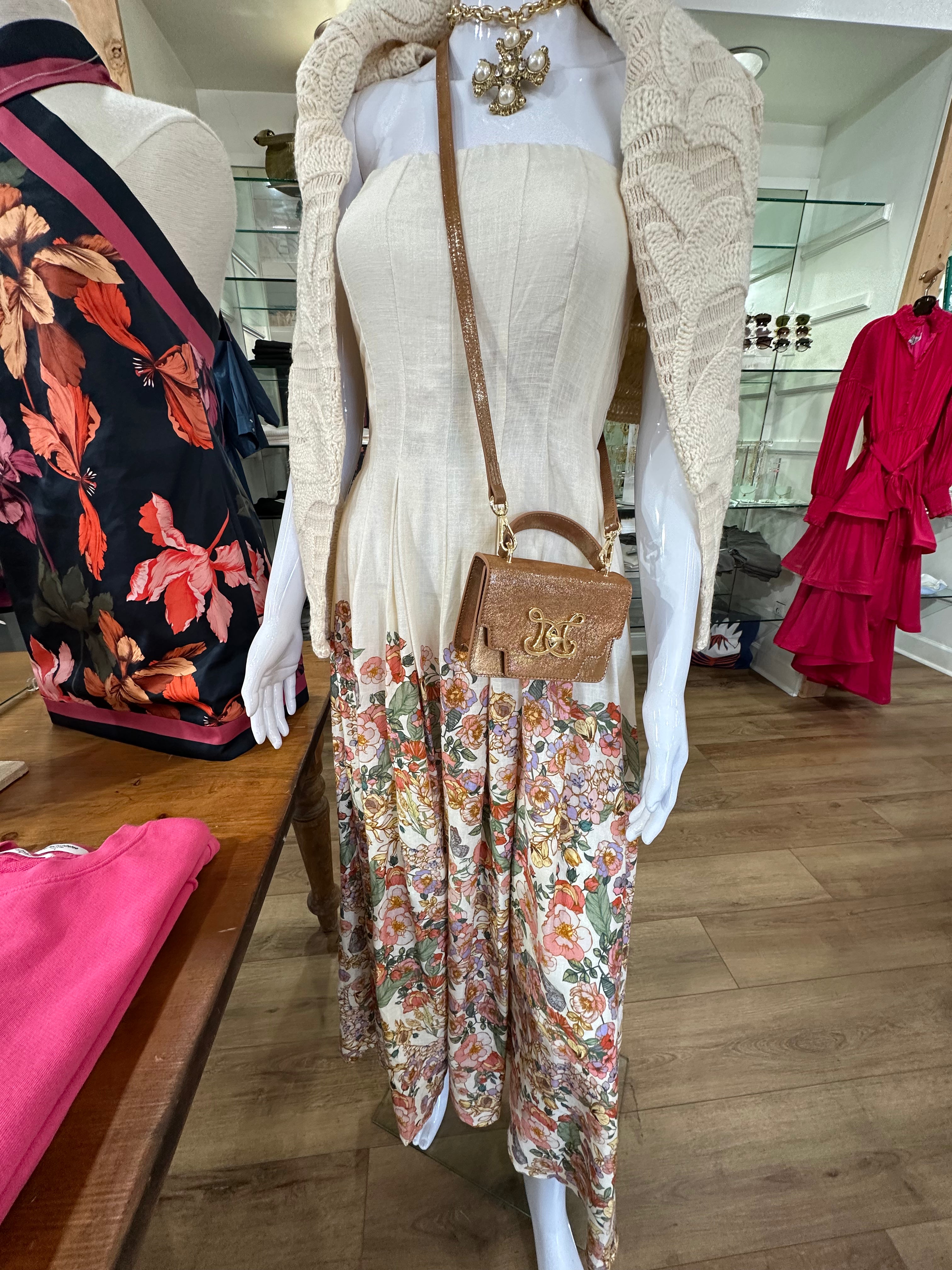 Botanical Maxi Linen Tube Dress-Cream