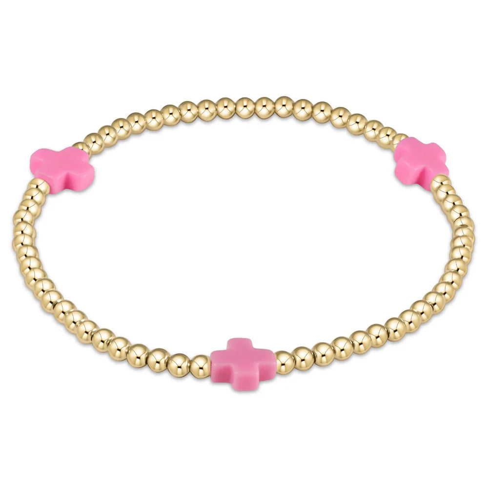 egirl-Signature Cross Gold Pattern 3mm Bead Bracelet Bright Pink