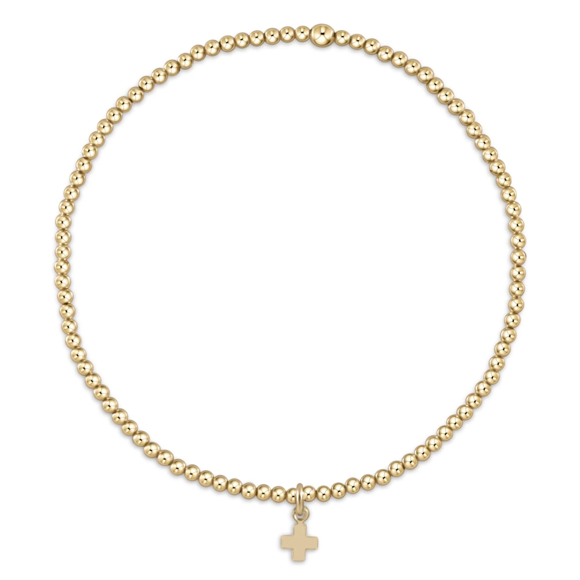 Classic Gold 2mm Bead Bracelet-Sig. Cross Small Gold Charm-EN