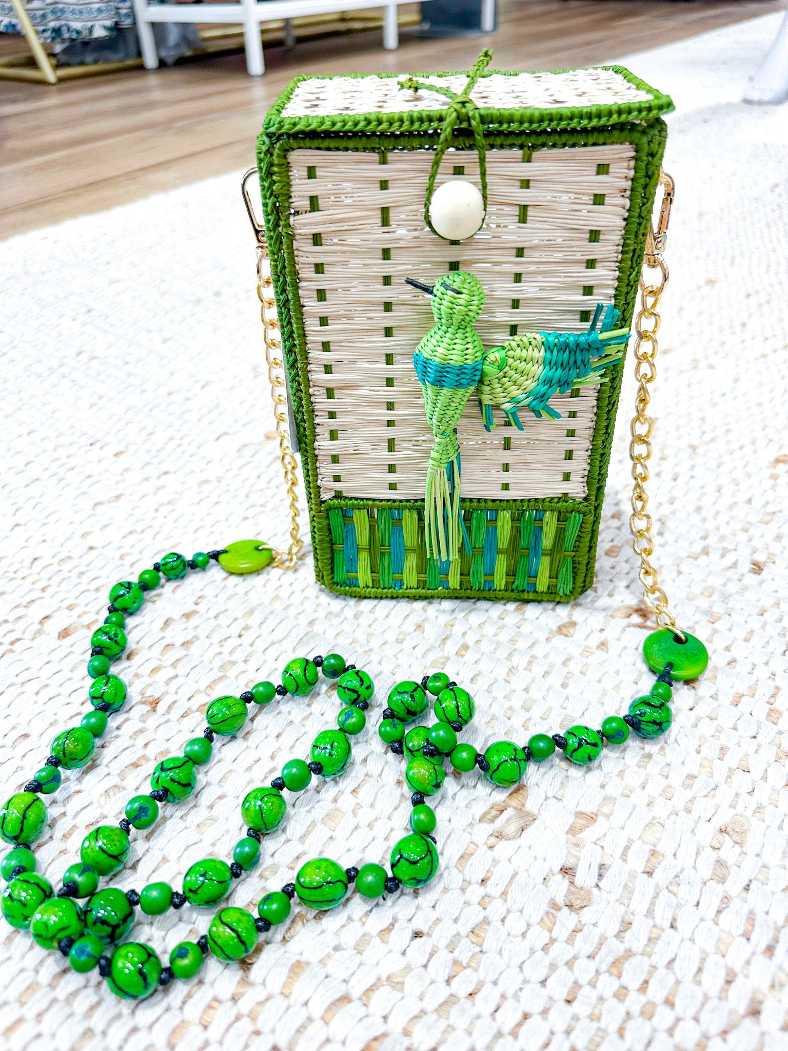 Handmade Tropical Bird Beaded Straw Handbag