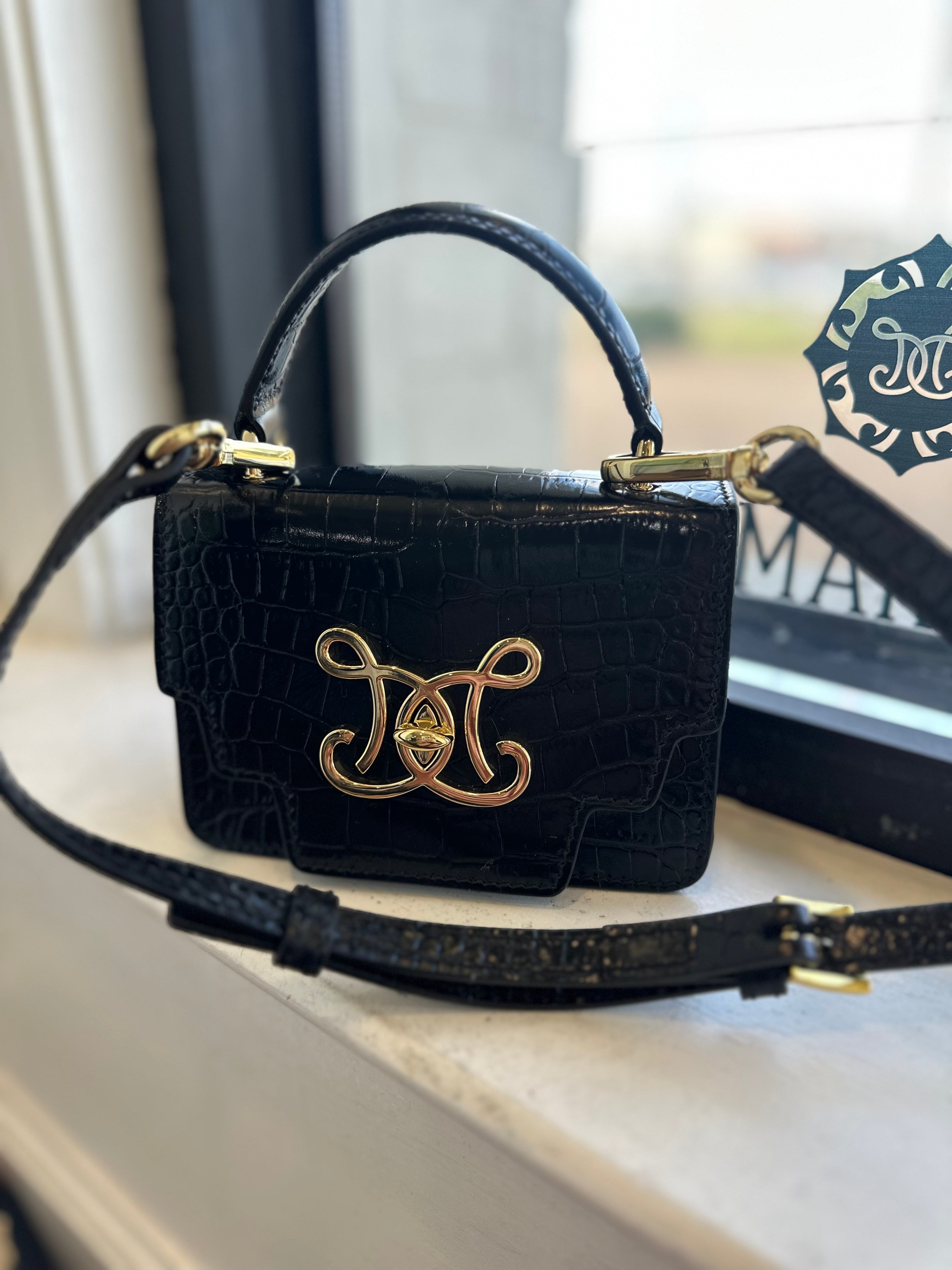 De Marquet Mini Box Bag-Faux Croc-Onyx Black