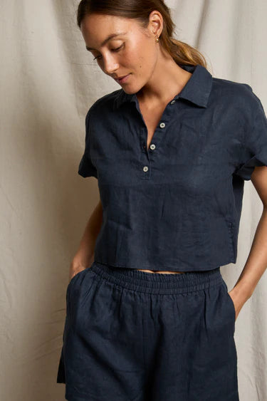 Tabitha Linen Collared Polo Tee-Navy
