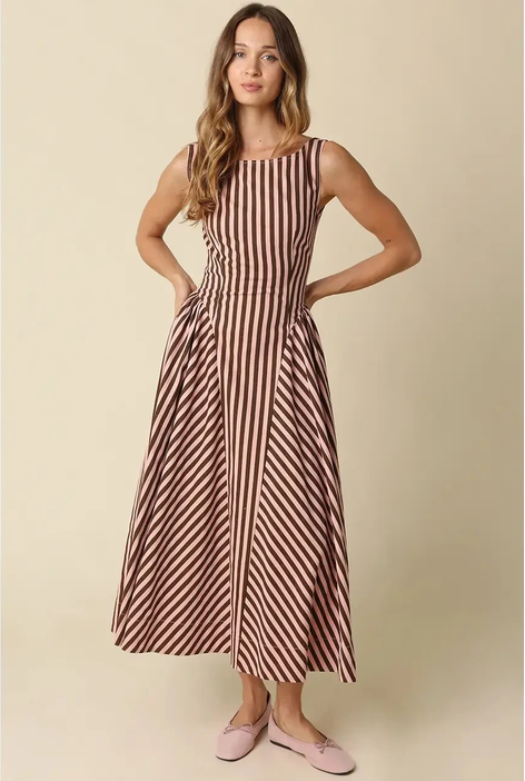 Cocoa Stripe Maxi Dress-Natural