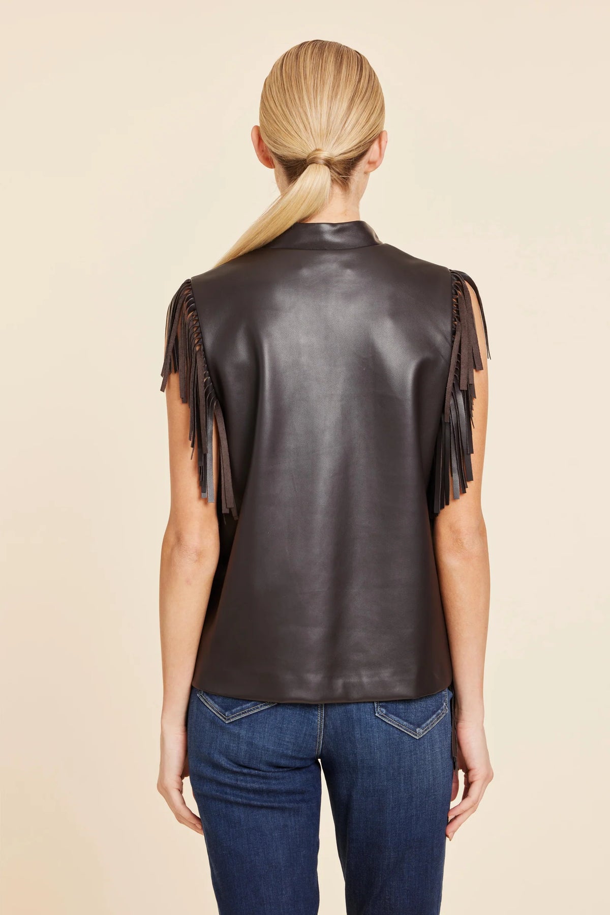 Fringe Vegan Leather Dark Brown Top