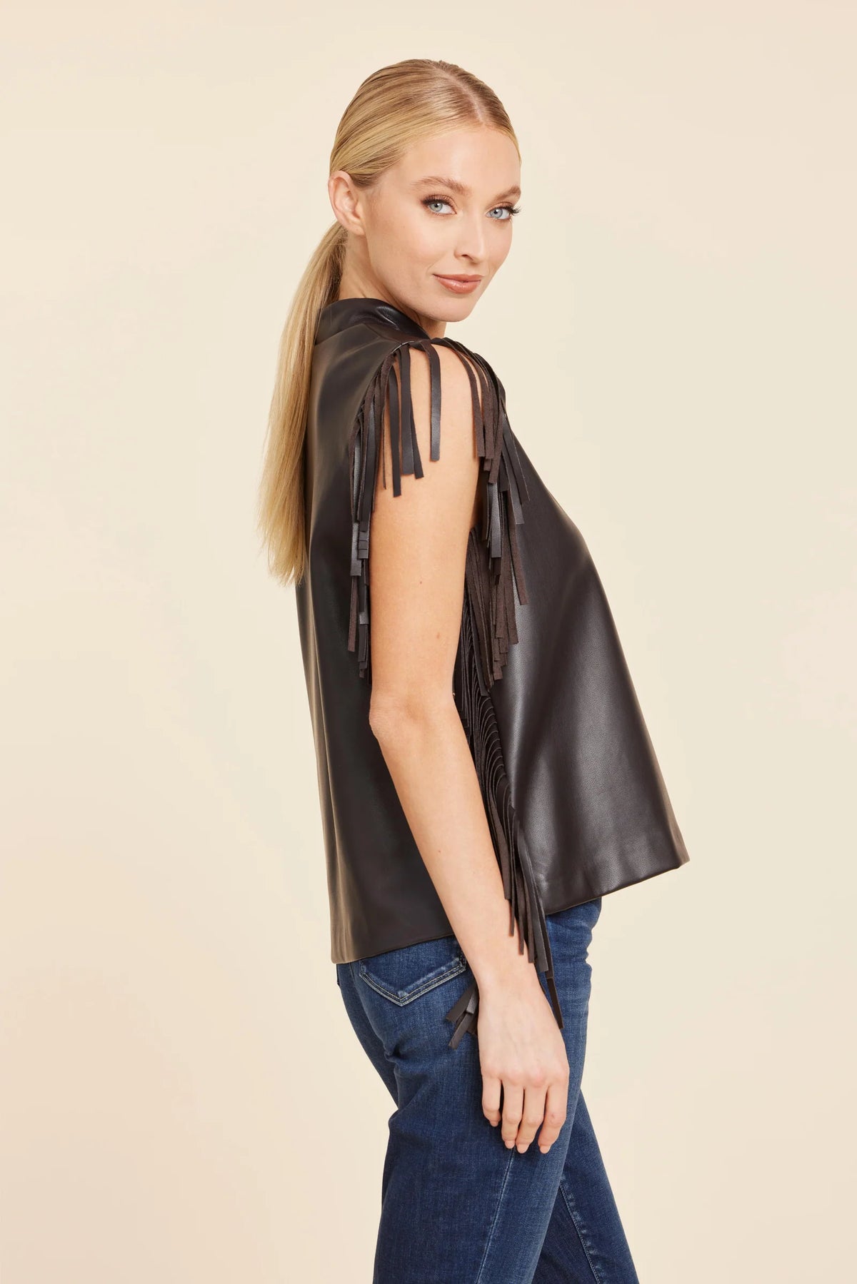 Fringe Vegan Leather Dark Brown Top