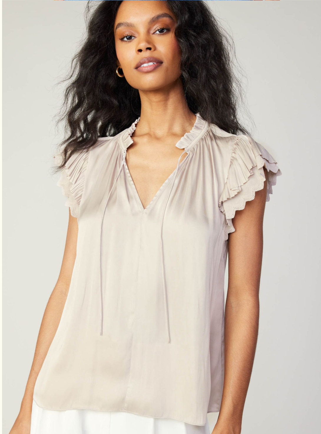 Double Flutter Short Sleeve Blouse in Beige