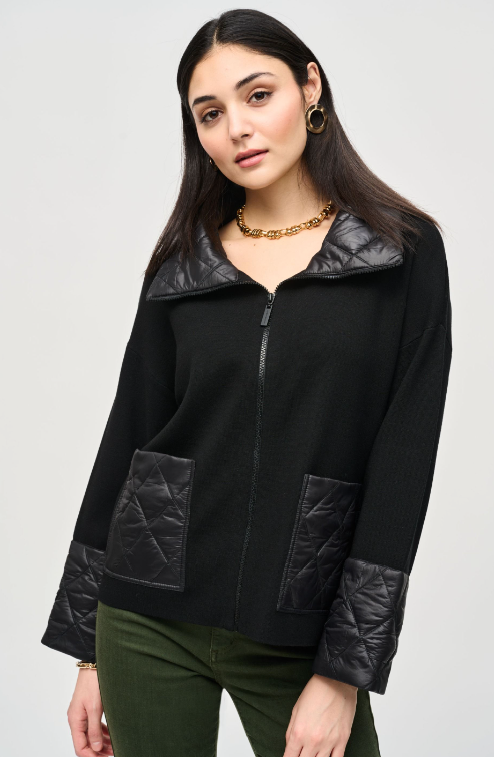 BLACK SWEATER KNIT ZIPPED JACKET