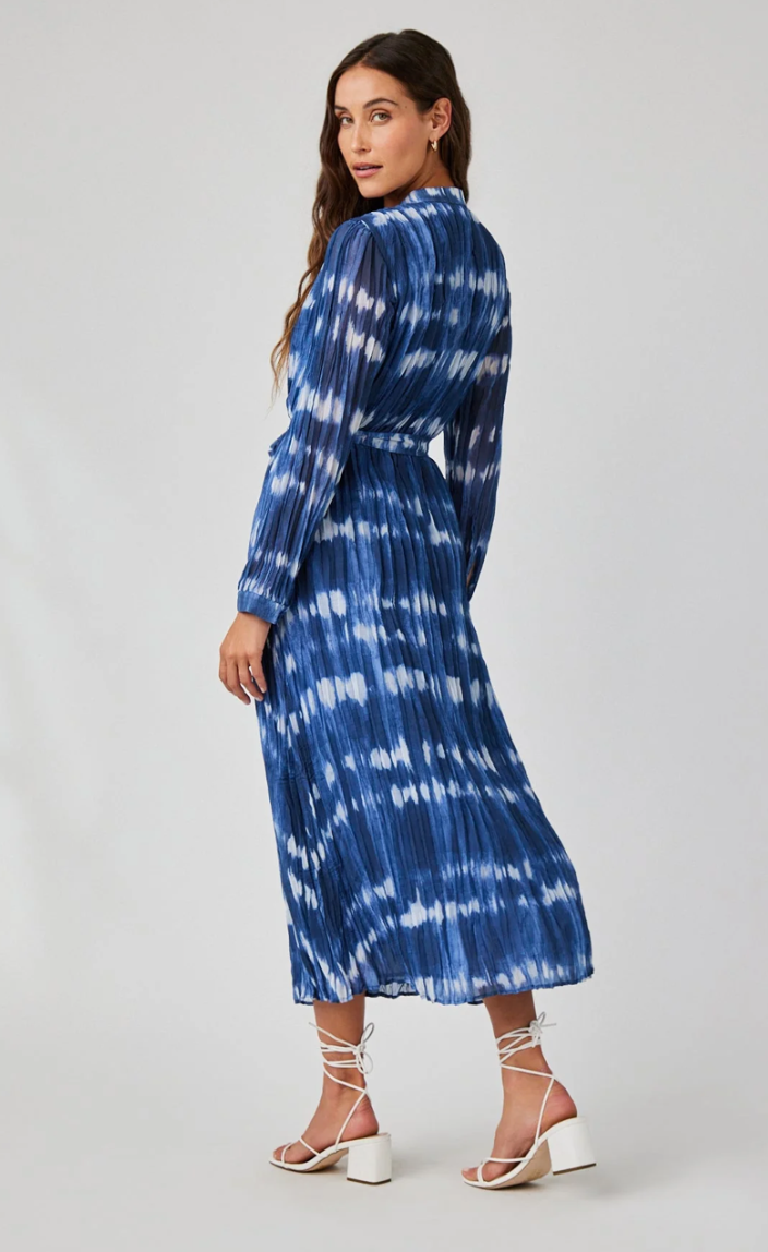 Long Sleeve Pleated Maxi Dress- Ocean Tides