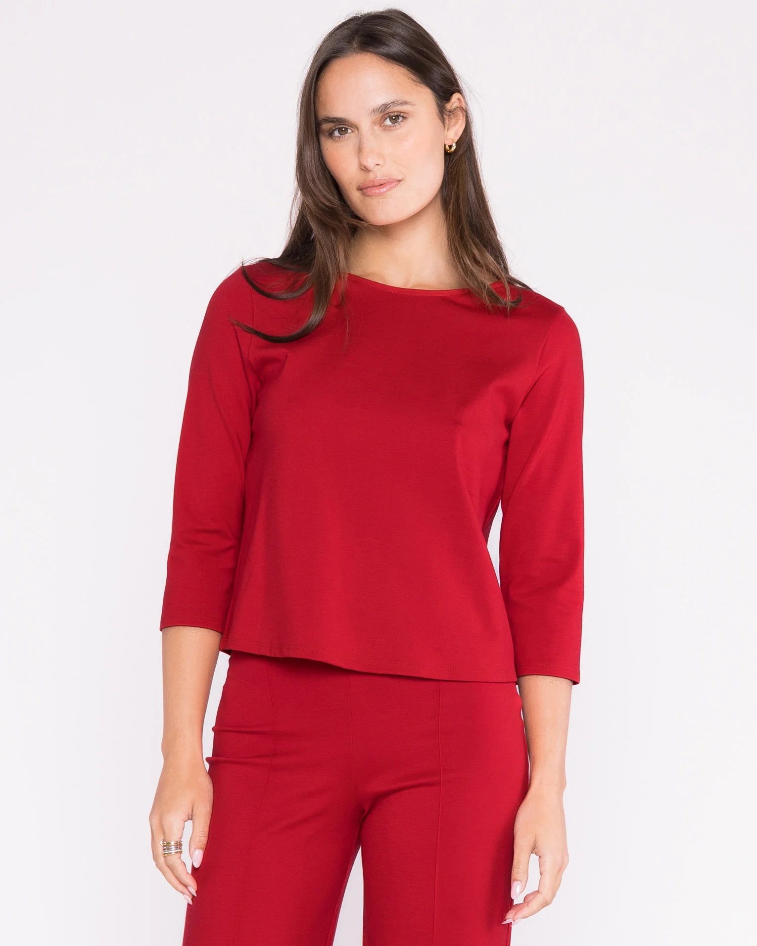 Ponte Knit 3/4 Sleeve Top-Red