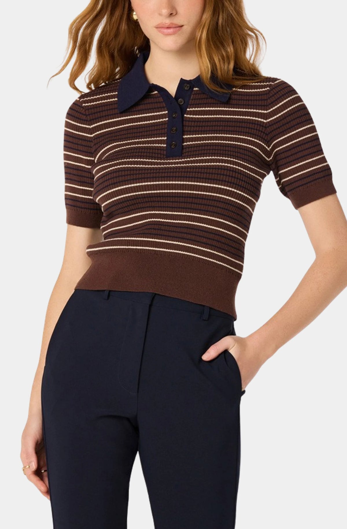 Iris Striped Polo Sweater-Brown/Navy