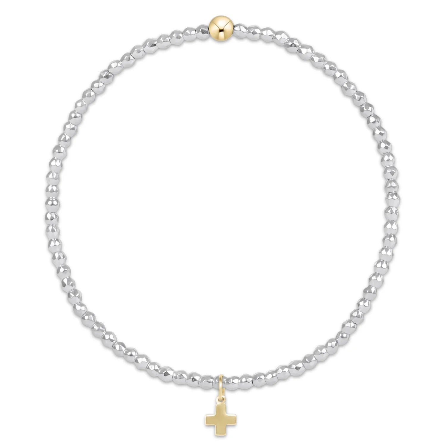 EN-Bright Silver Faceted Hematite 2mm Bead Bracelet-Sig. Cross Charm