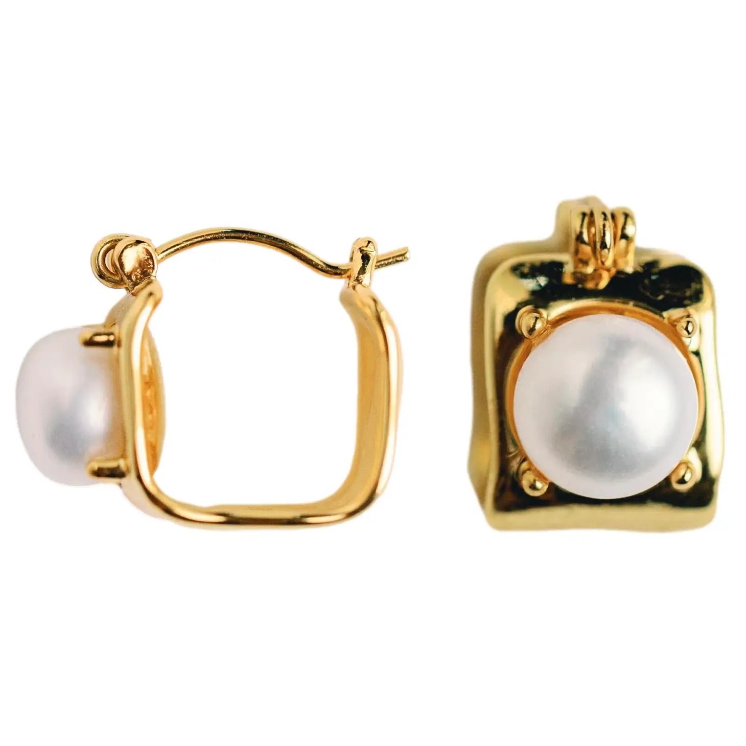 Vintage Mini Square Gold Pearl Huggies
