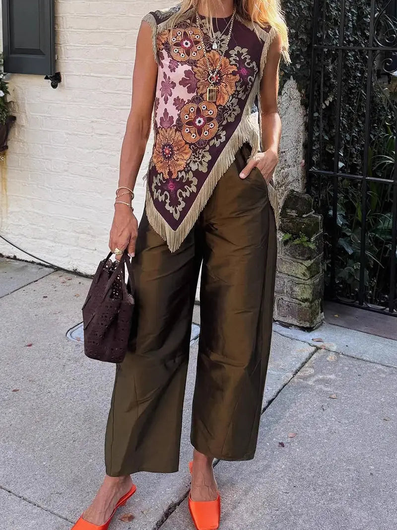 Asymmetrical Fringe Floral Top