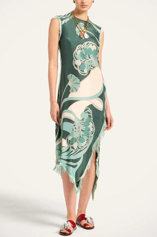 Fringe Trim Floral Shift Dress-Jade