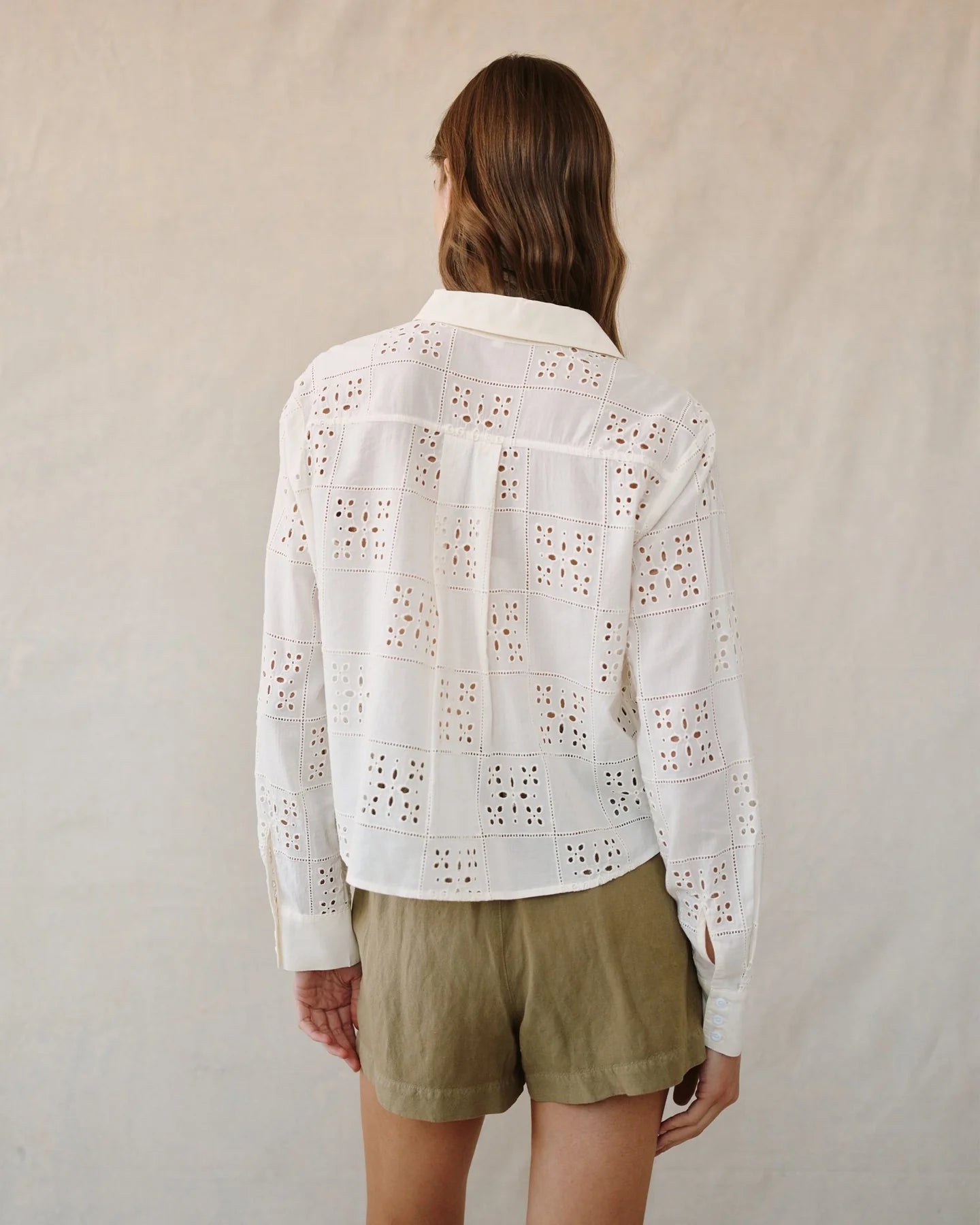 Eyelet Contrast Button Down-Ivory