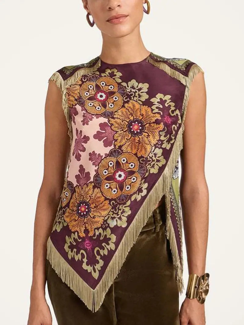 Asymmetrical Fringe Floral Top
