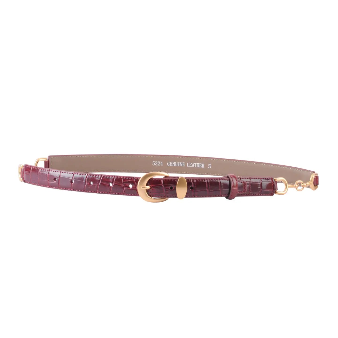 Skinny Burgandy Croco Belt with Gold Hardware