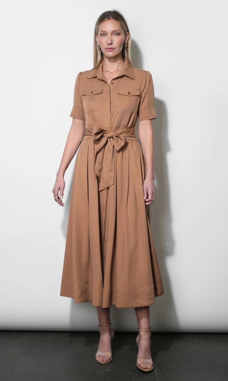 Fable Pleated Pocket Shirt Maxi Dress-CAMEL