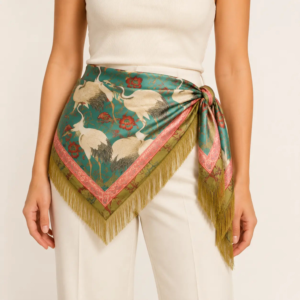 Golden Crane Fringe Scarf