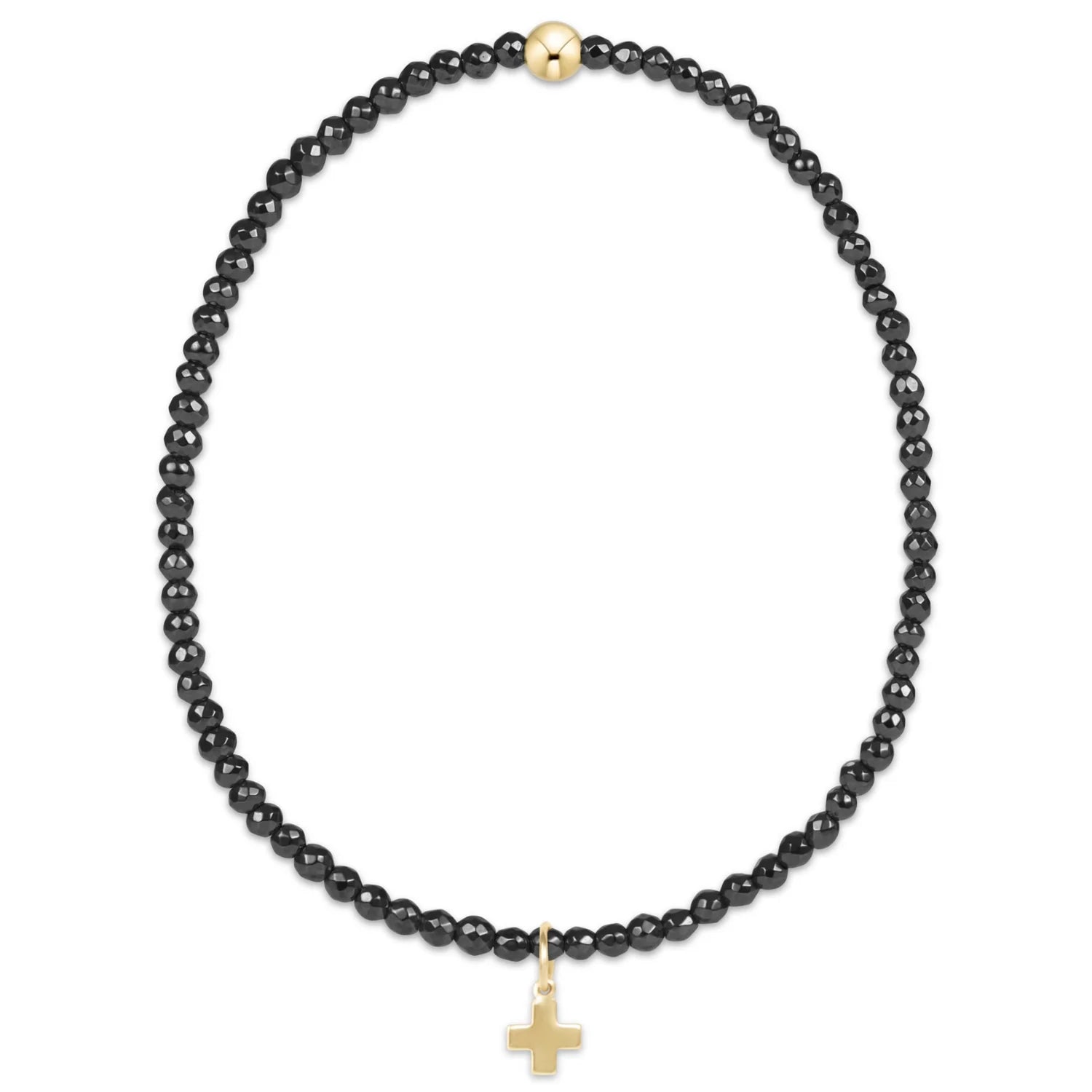 EN- Faceted Hematite 2mm Bead Bracelet-Signature Cross Gold Charm