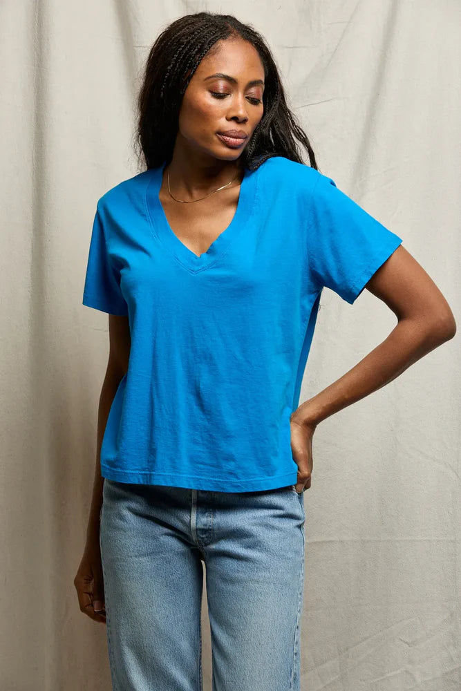Hendrix Cotton SS Boxy V-neck Tee-Cobalt