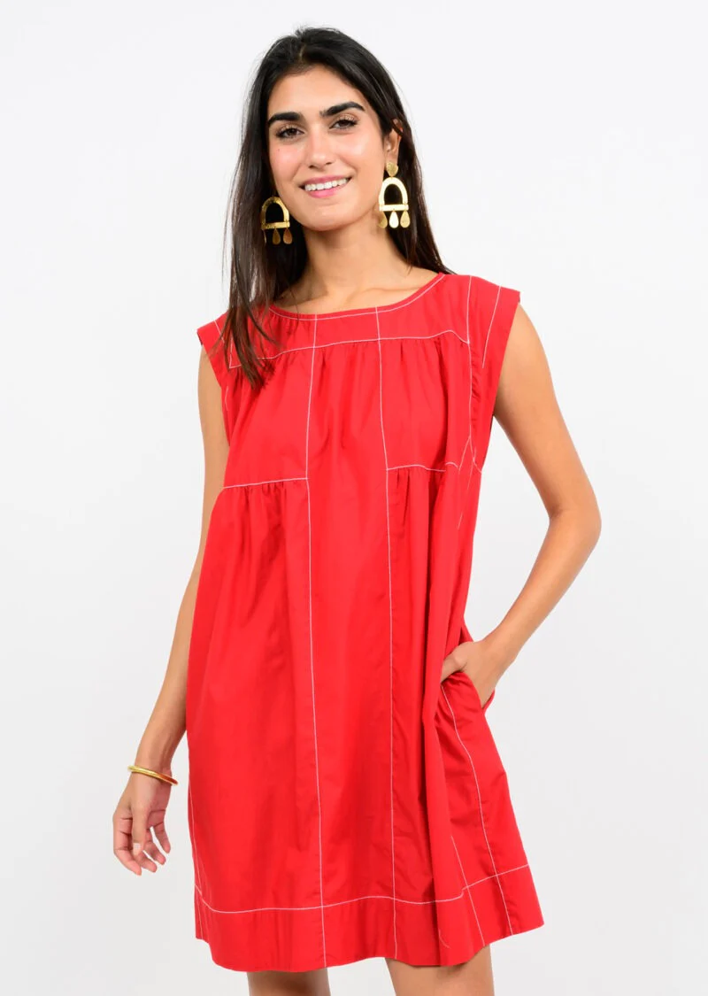 Topstitched Red Dress