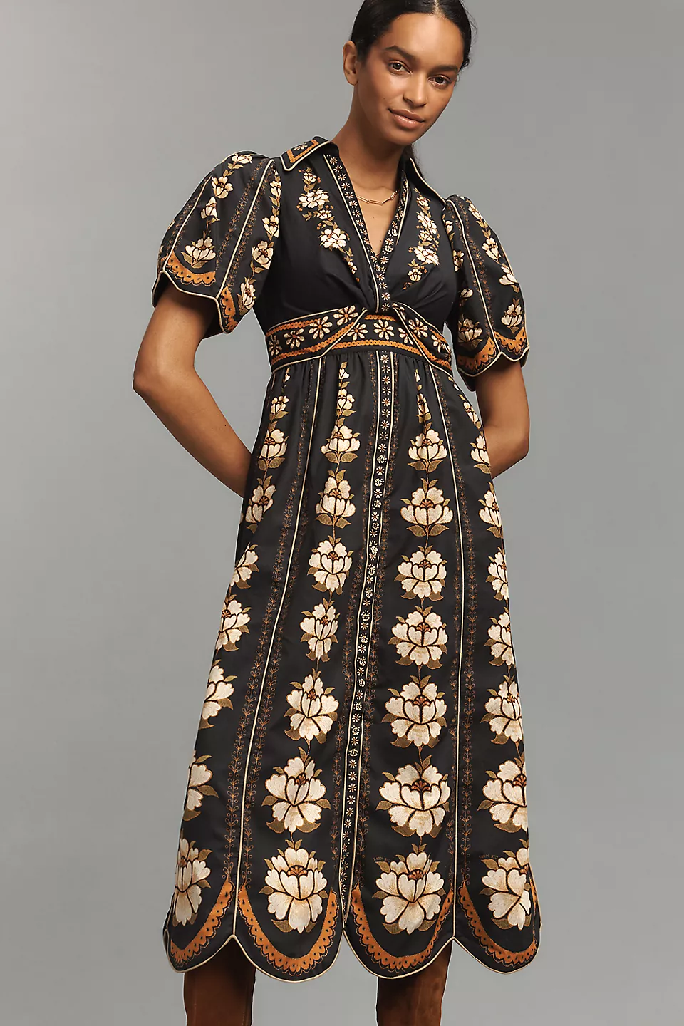 Embroidered Flowers Black Midi Dress