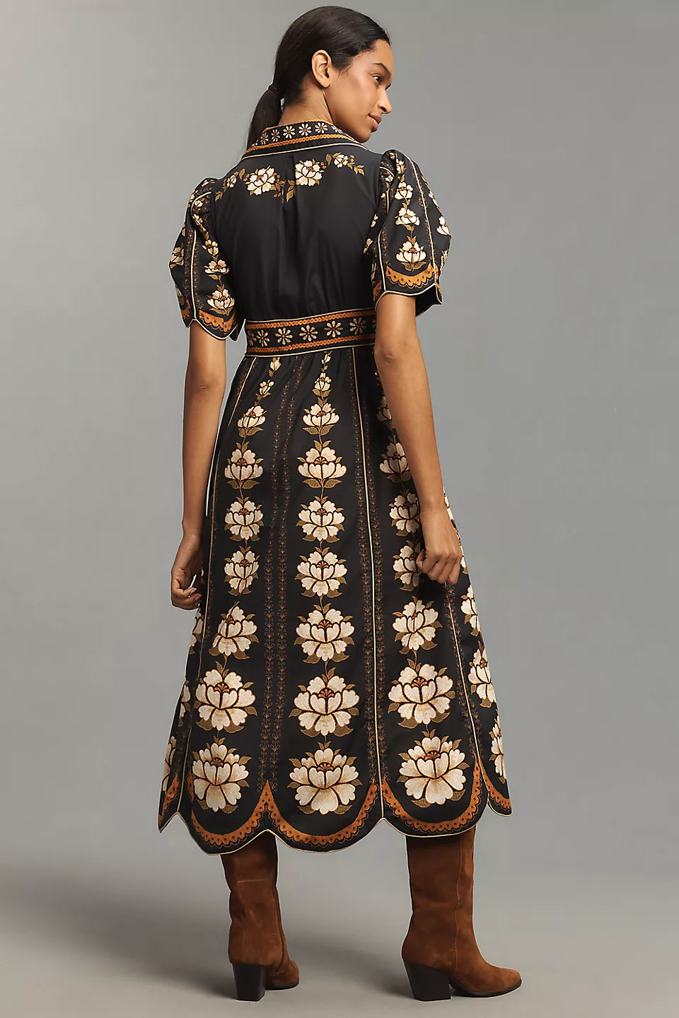 Embroidered Flowers Black Midi Dress