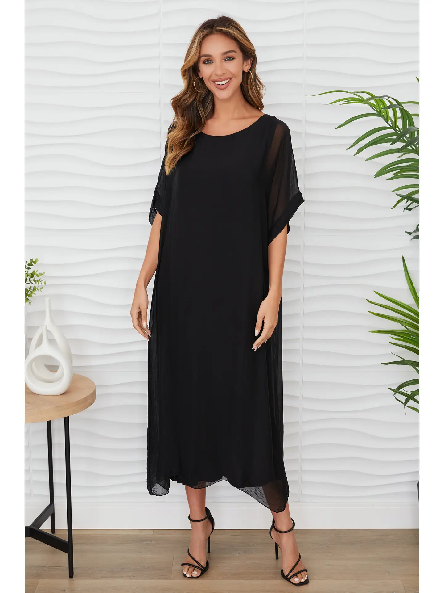 Silk Kaftan Dress-Black