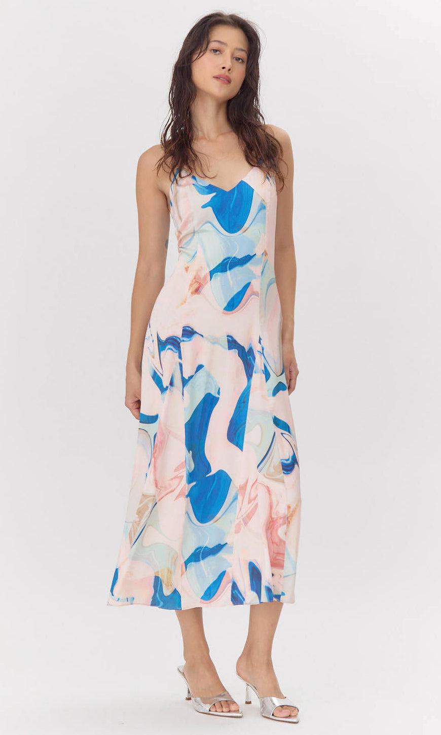 Soph Watercolor Print Satin Flowy Slip Dress